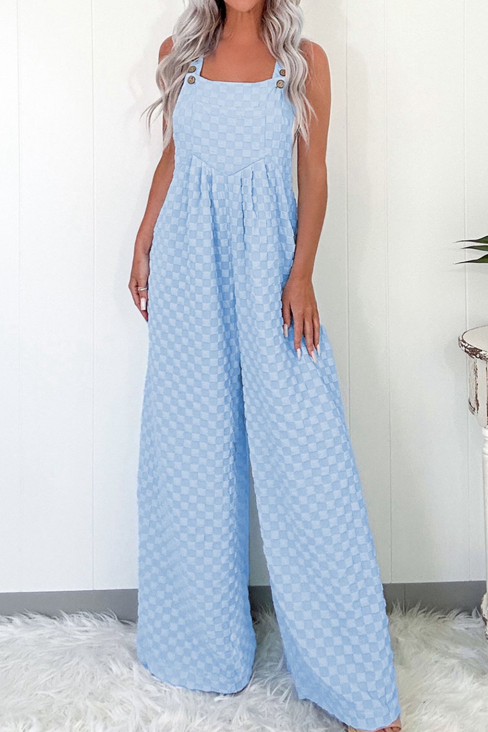 Checkered Pocketed Wide Leg Overalls
